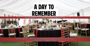 Interior view of a white-top tent setup for a corporate event in Gardena, California, featuring round tables with black and red linens, gold Chiavari chairs, white floral centerpieces, and a clean, modern layout.