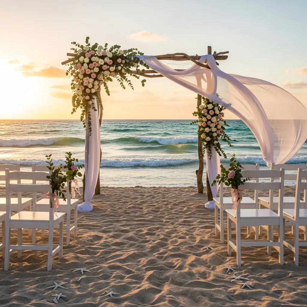 Beach wedding setup with floral archway and guest seating
