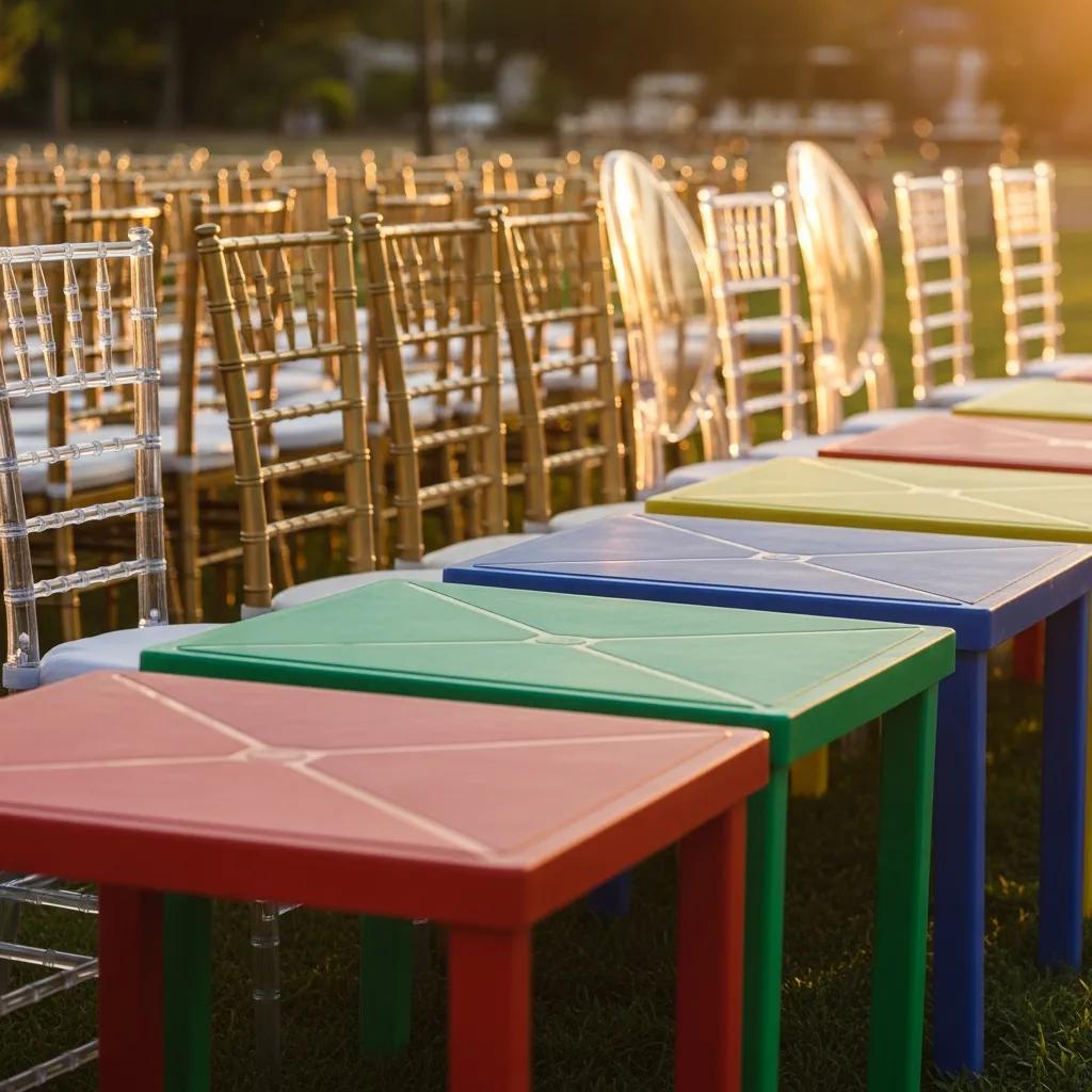 Colorful party equipment rentals including tables and Chiavari chairs