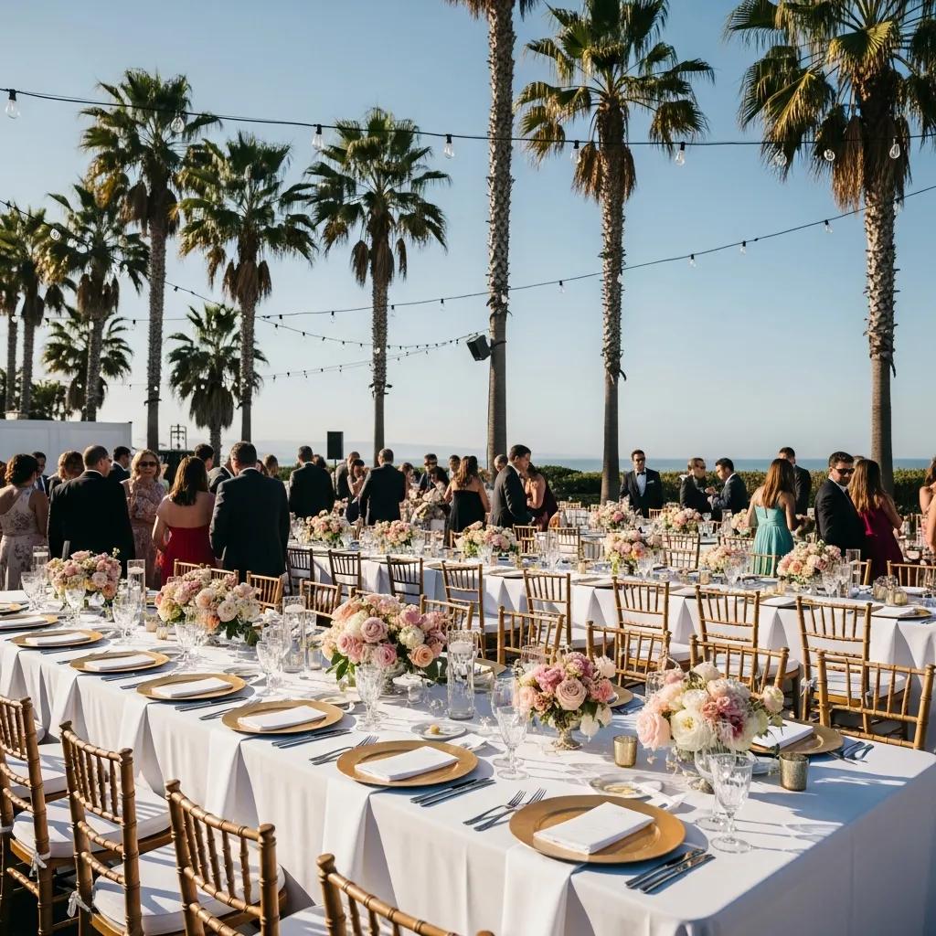 Outdoor wedding setup in Santa Monica with elegant tables and chairs